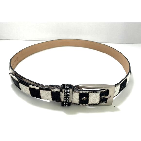 Alaluna Women\'s Black/White Calf Hair Leather Belt Rhinestone Loop Small/Medium